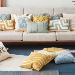 Ikat Madras Kuddfordral Light Beige/Heaven Blue/Aqua